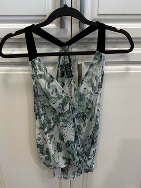 Astr Green and White Floral Surplice Cami with Black Straps